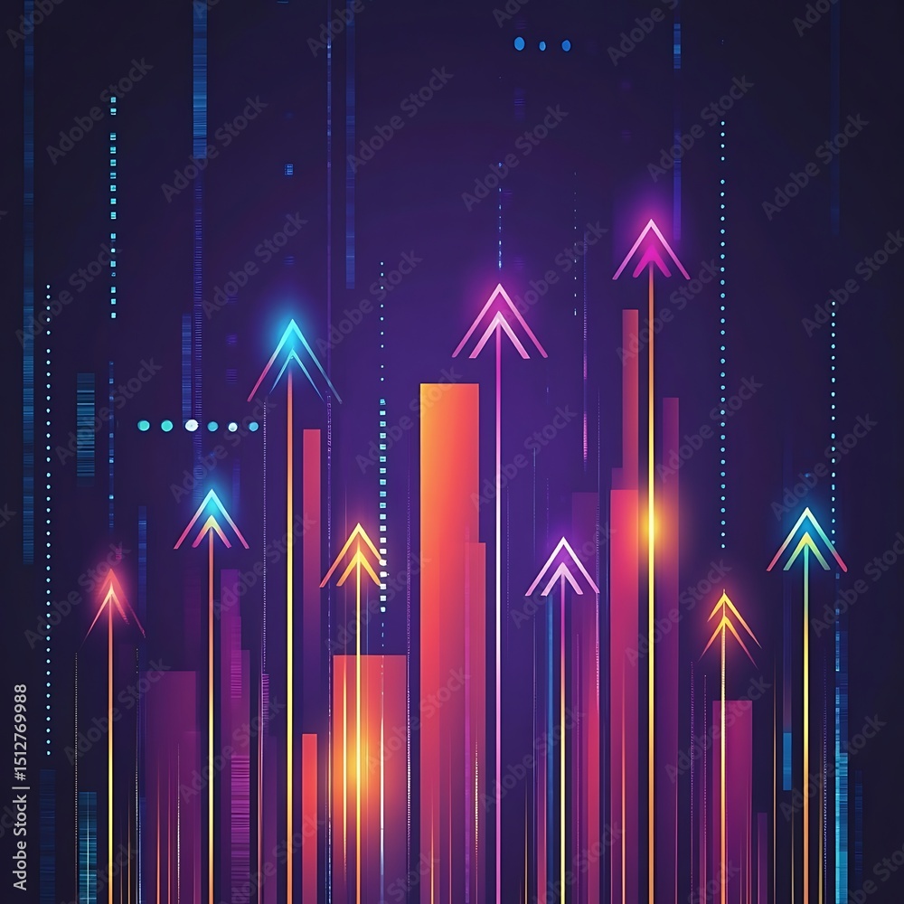 Fototapeta premium A vibrant background featuring bright arrows pointing upward, symbolizing growth, progress, and success in the stock market, finance, and business world.