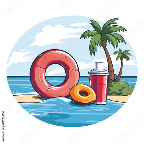 Professional Summer Beach and Vacation Image with Tropical Flair and Lifebuoy