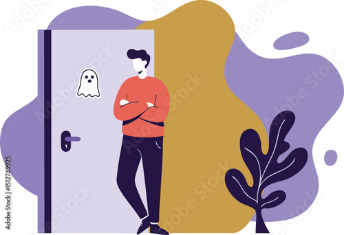 Young man standing near door with ghost drawing in minimalist style vector illustration 