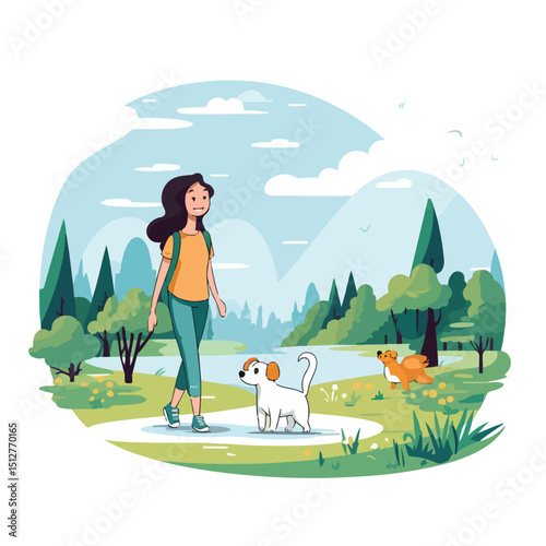 Cheerful Teenager Walking Dog Cartoon Illustration for Pet Lovers and Animal Enthusiasts