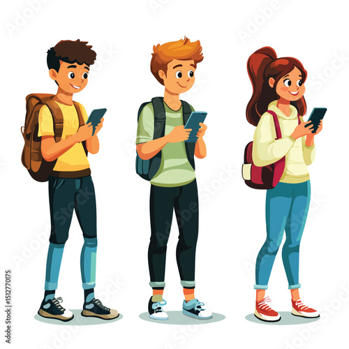 Colorful Cartoon Teens with Smartphones Vector Illustration for Media Usage