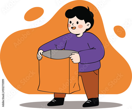 Little boy measuring oversized pants with orange background vector illustration in purple shirt and brown trousers 