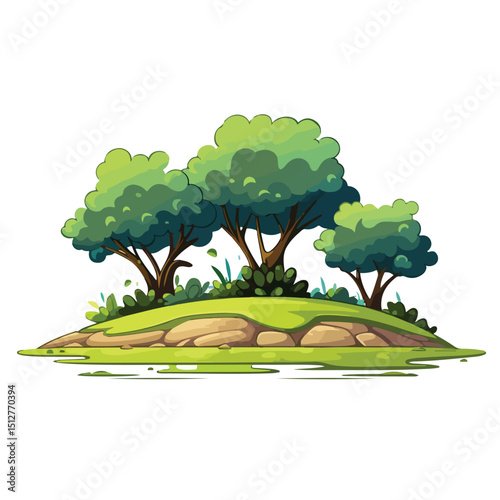 Lush Trees and Shrubbery Over a Scenic Piece of Ground - Nature Landscape Illustration