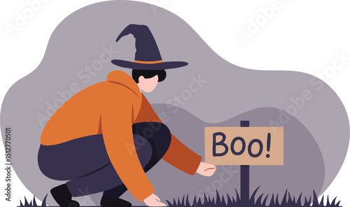 Halloween witch costume person placing boo sign for spooky decoration vector illustration 