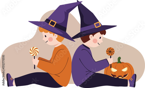 Two children wearing witch hats holding lollipops with carved pumpkin for Halloween celebration vector illustration 
