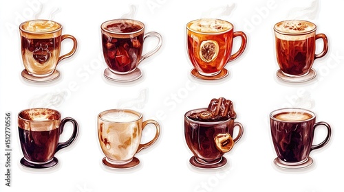 Nine illustrated coffee drinks in mugs, various types, steaming