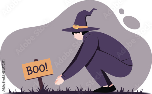 Witch in purple costume crouching near wooden sign with boo text Halloween theme vector illustration 