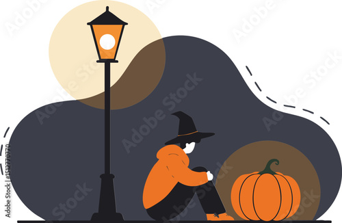 Halloween witch sitting near pumpkin and street lamp in dark night vector illustration 