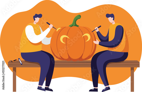 Two men carving pumpkin together on bench orange background vector illustration 