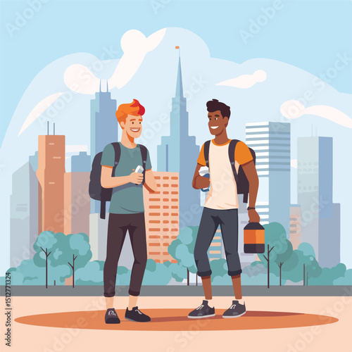 Professional Vector Illustration of Young Men Friends Characters in Urban City Setting