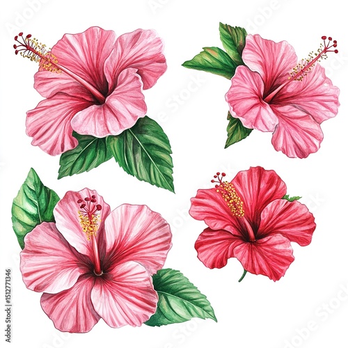 Set Of Pink And Red Hibiscus Flowers Watercolor Illustration