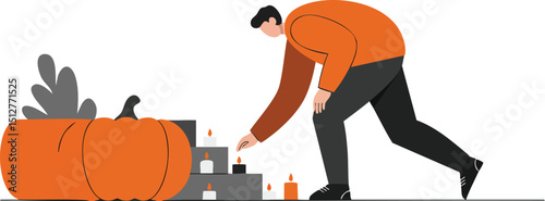 Man lighting candles near large pumpkin in autumn Halloween decoration scene vector illustration 
