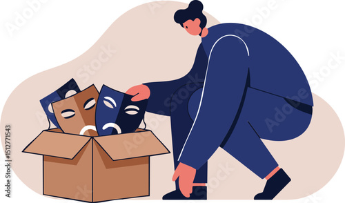 Person unpacking emotional masks concept illustration in blue tones with abstract background for mental health awareness vector 
