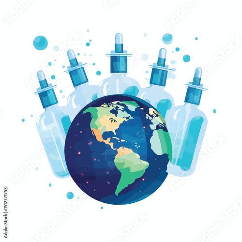 COVID-19 virus vaccine vials kit in Earth planet visual concept for health and global immunization campaigns