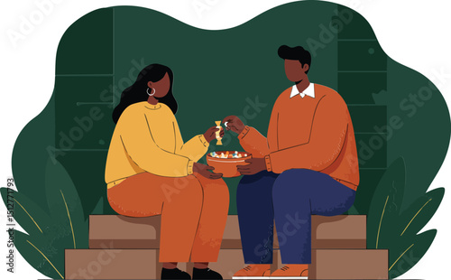 Couple enjoying food together in casual setting with green background and warm clothing vector illustration 