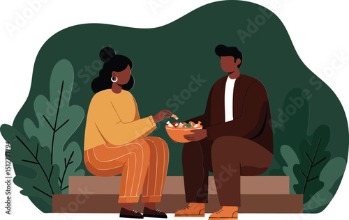 Couple sharing popcorn sitting on bench casual moment outdoors with green plants vector illustration 