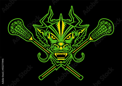 dragon mascot with crossed lacrosse sticks for school, college or league sports