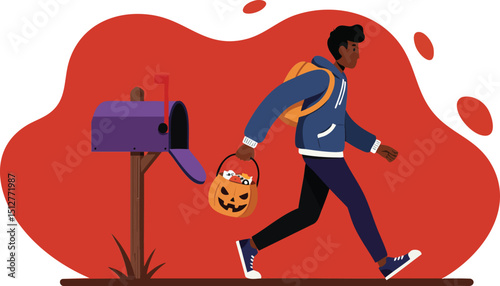 African American boy trick or treating with pumpkin bucket near mailbox Halloween celebration vector illustration 