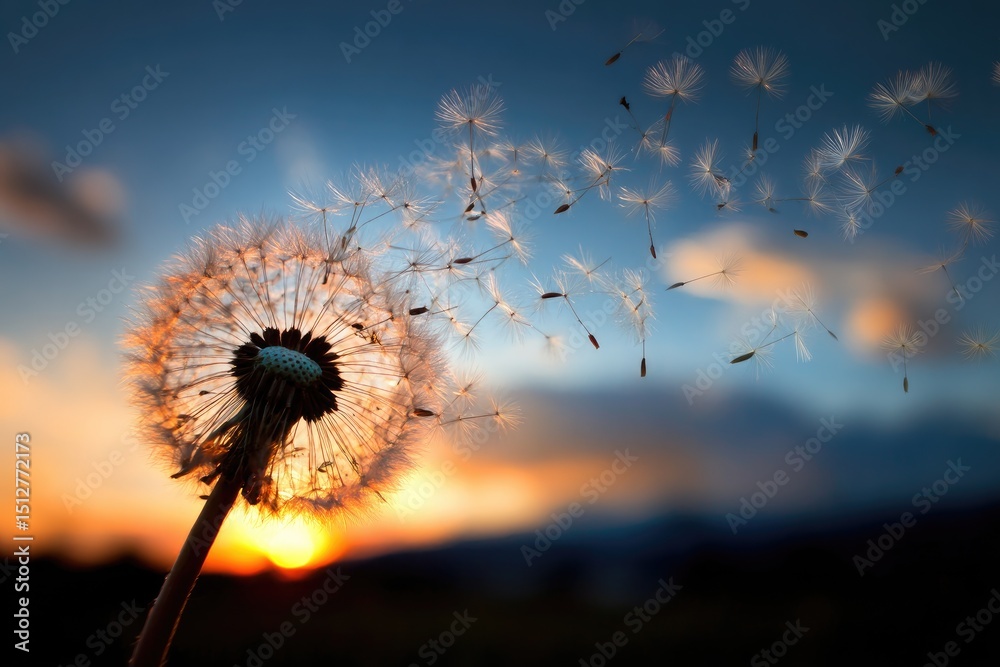 Naklejka premium Dandelion Seeds Flying At Sunset