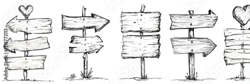 Hand Drawn Road Direction Sign Set with Doodle Sketch Style and Wood Plank Grunge Vector Illustration