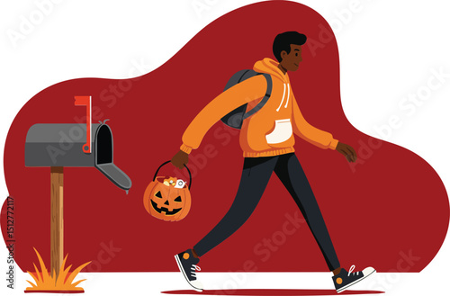 Young man walking with pumpkin bucket for Halloween near mailbox in orange hoodie black pants vector illustration 