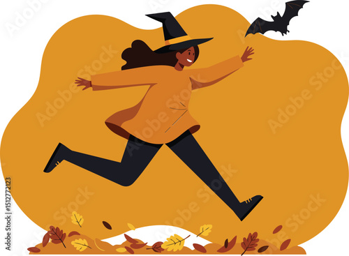 Girl wearing witch costume running with bat silhouette and autumn leaves seasonal Halloween vector illustration 