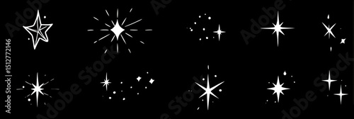Hand drawn star sparkle shine doodle vector set with twinkle glow, spark glitter, and magic party light elements