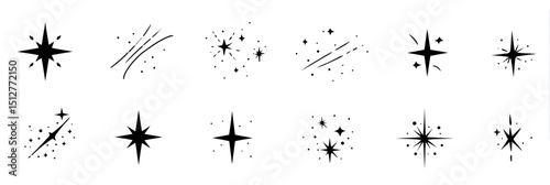 Hand drawn star sparkle shine doodle vector set with twinkle glow, spark glitter, and magic party light elements
