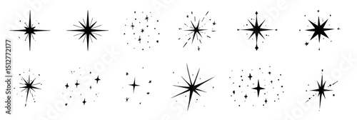 Hand drawn star sparkle shine doodle vector set with twinkle glow, spark glitter, and magic party light elements