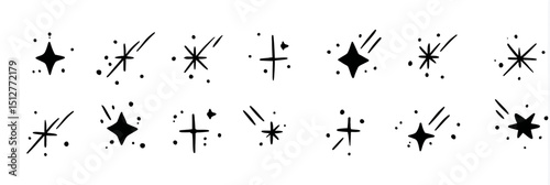 Hand drawn star sparkle shine doodle vector set with twinkle glow, spark glitter, and magic party light elements