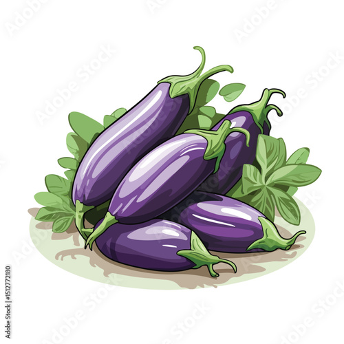 Illustration of Eggplants Harvest Cartoon in Green and White Vector Design