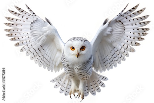 White Snowy Owl Flying Isolated on white Background.