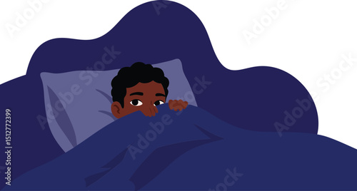 Young boy hiding under dark blue blanket in bed feeling scared or anxious vector illustration 