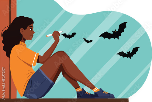 Young woman sitting indoors watching bats flying outside window with casual clothing and relaxed posture vector illustration 