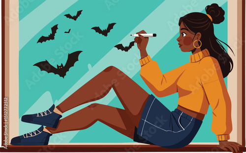 Young woman drawing bats on window in autumn outfit wearing orange sweater and denim skirt vector illustration 