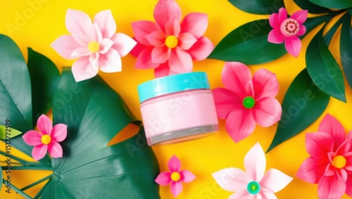 Vibrant Tropical Flowers and Pink Moisturizing Cream Jar on Yellow Background