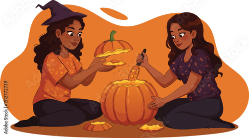 Two girls carving pumpkins for Halloween celebration with witch hat and autumn colors vector illustration 