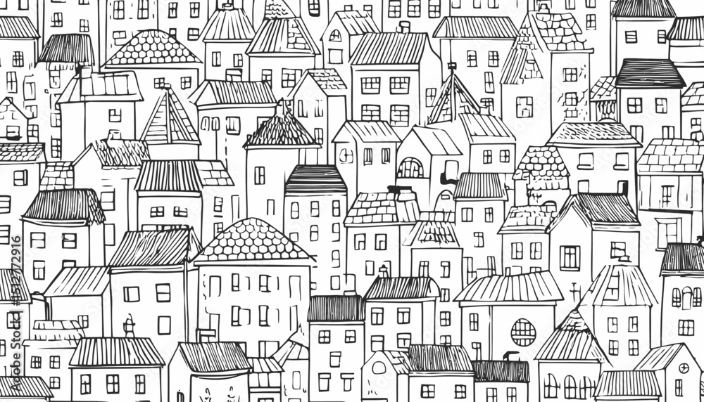 Whimsical Hand Drawn House Pattern � Doodle Sketch Seamless Background with Roof Designs � Charming Home Texture for Print & Wallpaper Whimsical Hand Drawn House Pattern � Doodle Sketch Seamless Background with Roof Designs � Charming Home Texture for Print & Wallpaper