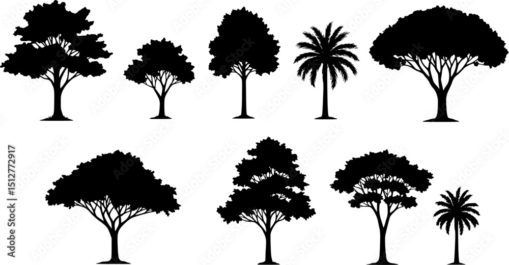 Fototapeta premium silhouette tree line drawing set, Side view, set of graphics trees elements outline symbol for architecture and landscape design drawing. Vector illustration in stroke fill in white. Tropical 
