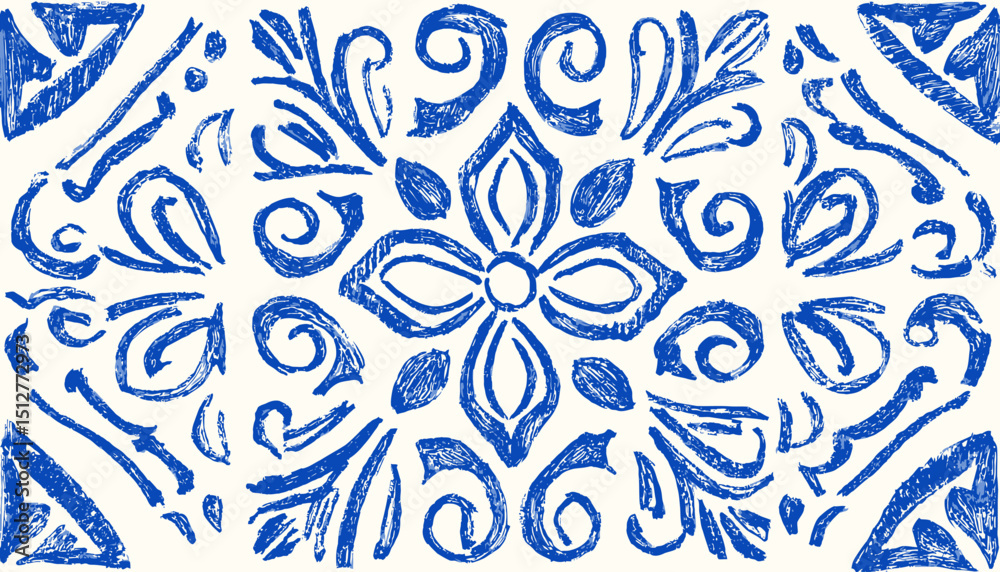 Hand-Drawn Mediterranean Tile Pattern � Italian Ceramic, Spanish Majolica & Portuguese Azulejo in Blue Doodle Line Art