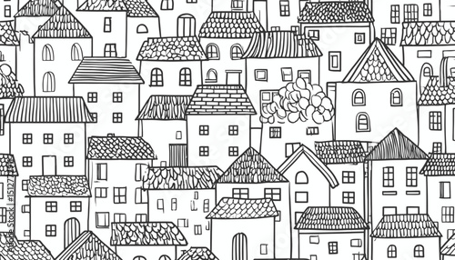 Whimsical Hand Drawn House Pattern � Doodle Sketch Seamless Background with Roof Designs � Charming Home Texture for Print & Wallpaper