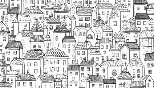 Whimsical Hand Drawn House Pattern � Doodle Sketch Seamless Background with Roof Designs � Charming Home Texture for Print & Wallpaper