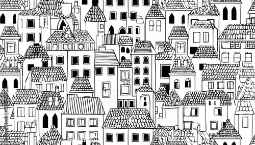 Whimsical Hand Drawn House Pattern � Doodle Sketch Seamless Background with Roof Designs � Charming Home Texture for Print & Wallpaper