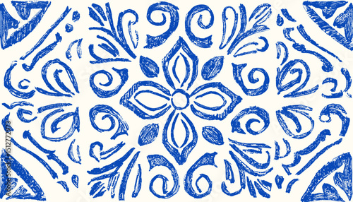 Hand-Drawn Mediterranean Tile Pattern � Italian Ceramic, Spanish Majolica & Portuguese Azulejo in Blue Doodle Line Art