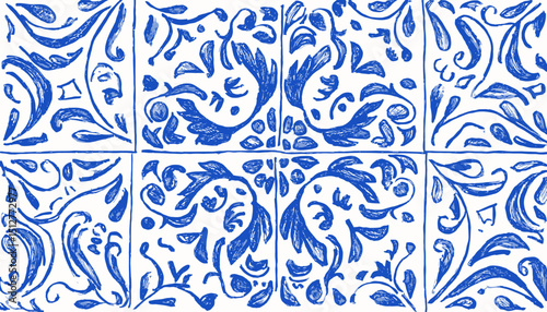 Hand-Drawn Mediterranean Tile Pattern � Italian Ceramic, Spanish Majolica & Portuguese Azulejo in Blue Doodle Line Art