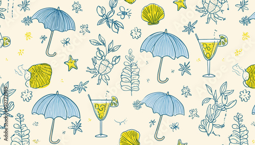 Italian Summer Seamless Pattern � Hand-Drawn Mediterranean Vacation Doodles with Beach Umbrellas, Shells and Cocktails