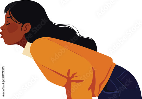 Woman leaning forward wearing orange sweater and dark pants in profile vector illustration 