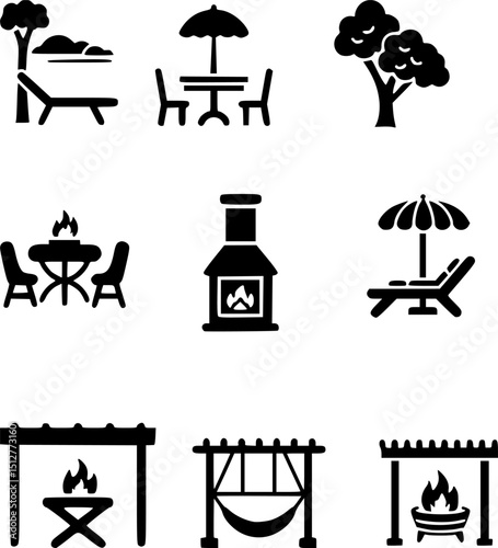 Garden and patio solid icons set – filled style outdoor, relaxation, and furniture symbols for home design: fire pit, table, lounge chairs, pergola, hammock, planter