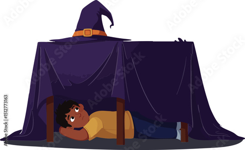 Child playing inside homemade fabric tent fort imaginative indoor leisure and creativity activity vector illustration 