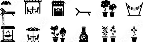 Garden and patio solid icons set – filled style outdoor, relaxation, and furniture symbols for home design: fire pit, table, lounge chairs, pergola, hammock, planter